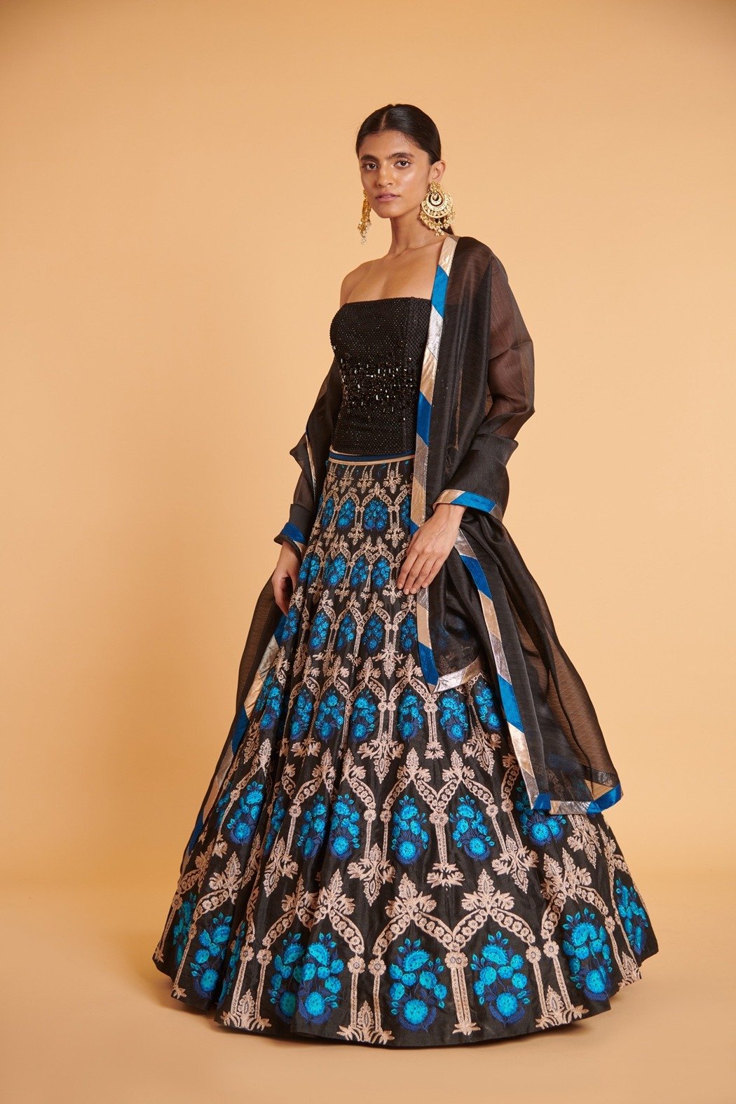 Black Tusser Lehenga With Organza Dupatta