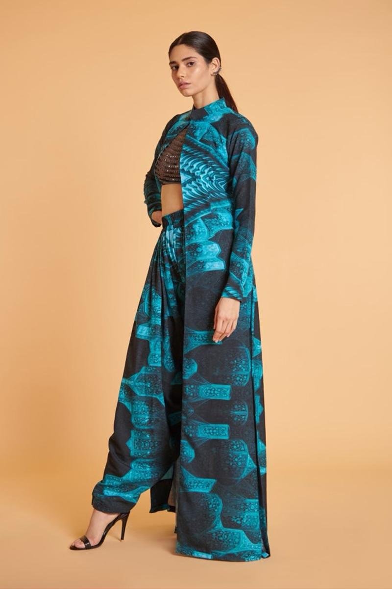 Blue long achkan and patiala pants